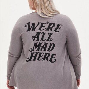 TORRID Disney Alice In Wonderland Cheshire Cat Grey Hacci Drape Front Cardigan 1